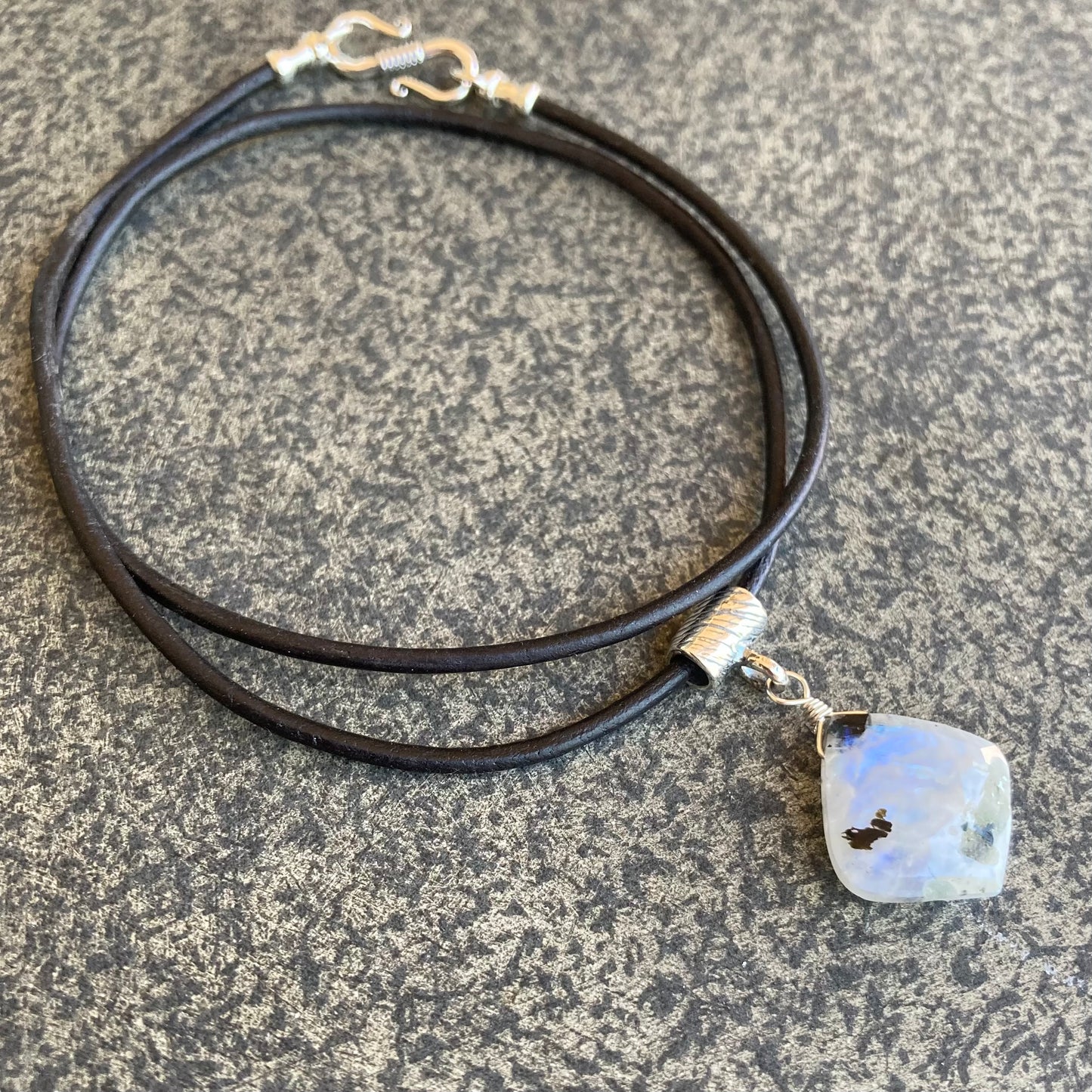 Tourmalinated Rainbow Moonstone & Sterling Silver Leather Choker