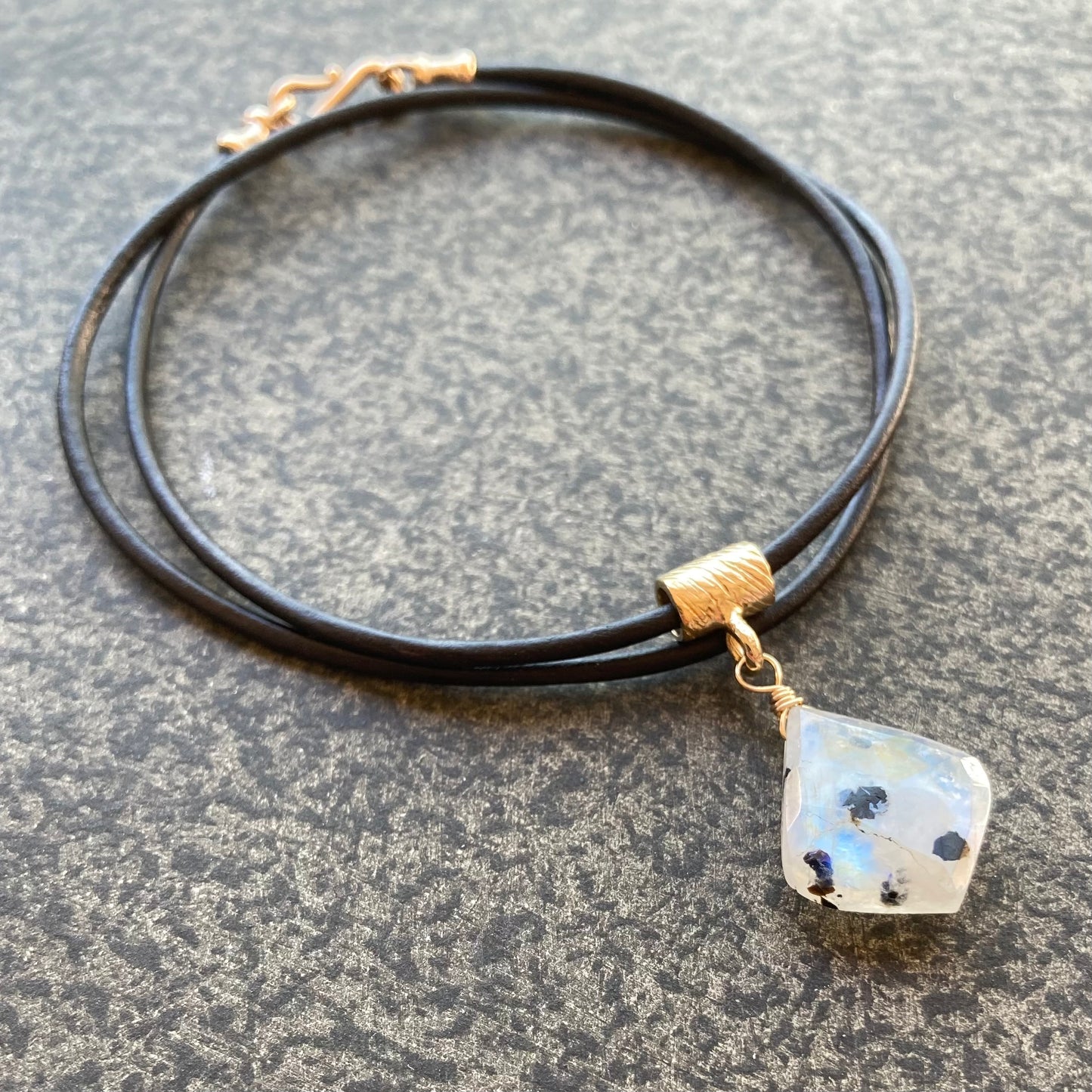 Tourmalinated Rainbow Moonstone & Bronze Leather Choker