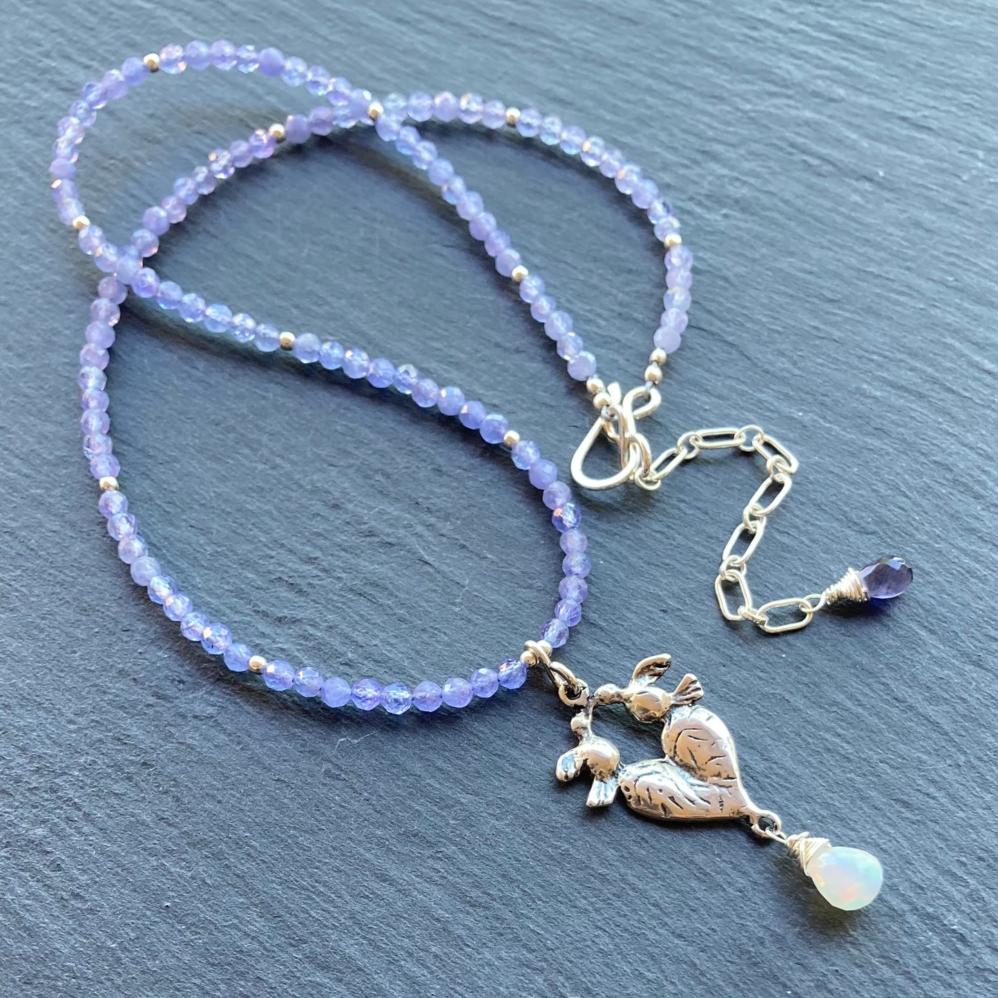 Tanzanite, Ethiopian Opal & Sterling Silver Love Birds Pendant Choker
