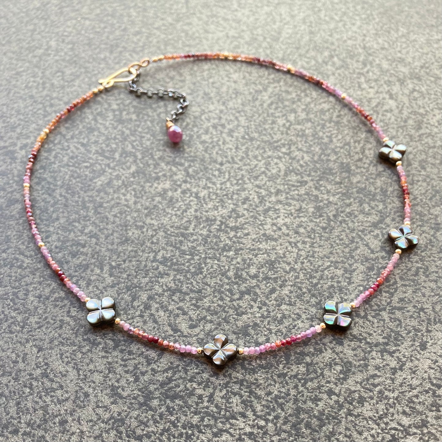 Black Mother of Pearl, Natural Ruby & Mixed Metal Clover Choker