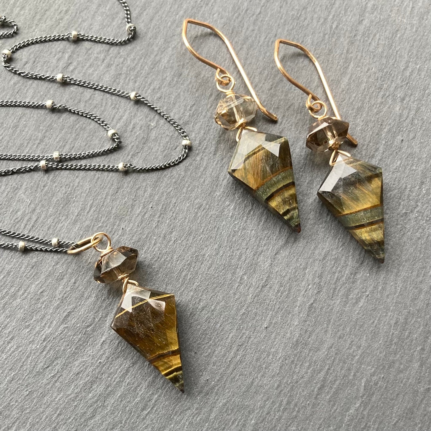 Black Tiger Eye, Smoky Quartz & Mixed Metal Arrowhead Necklace