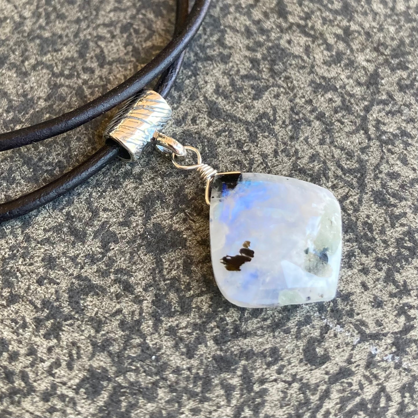 Tourmalinated Rainbow Moonstone & Sterling Silver Leather Choker