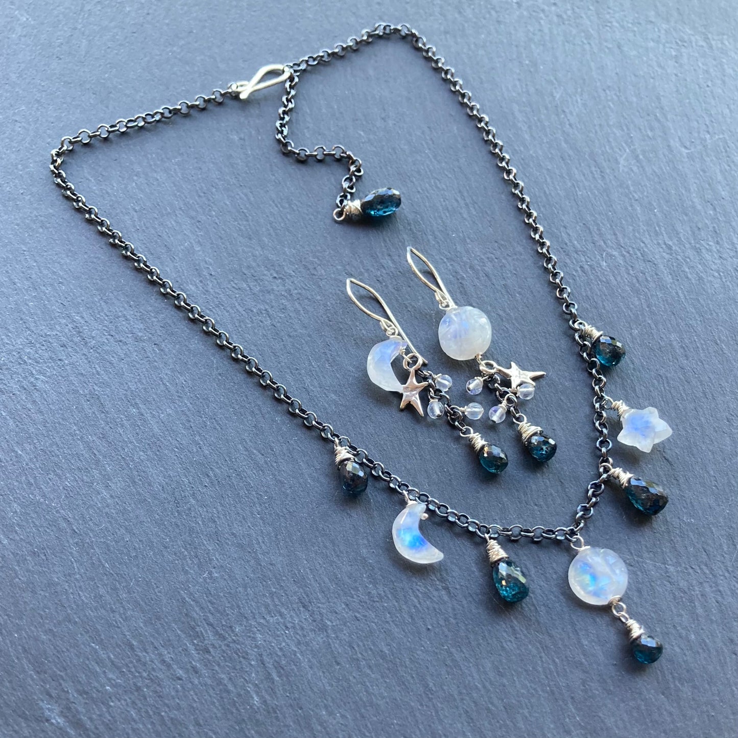 Rainbow Moonstone, Moss Kyanite & Sterling Silver Winter Solstice Earrings