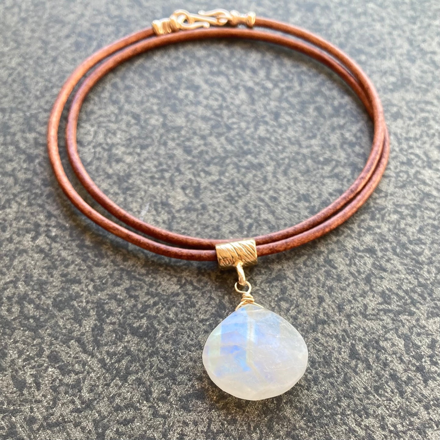 Rainbow Moonstone & Bronze Leather Choker