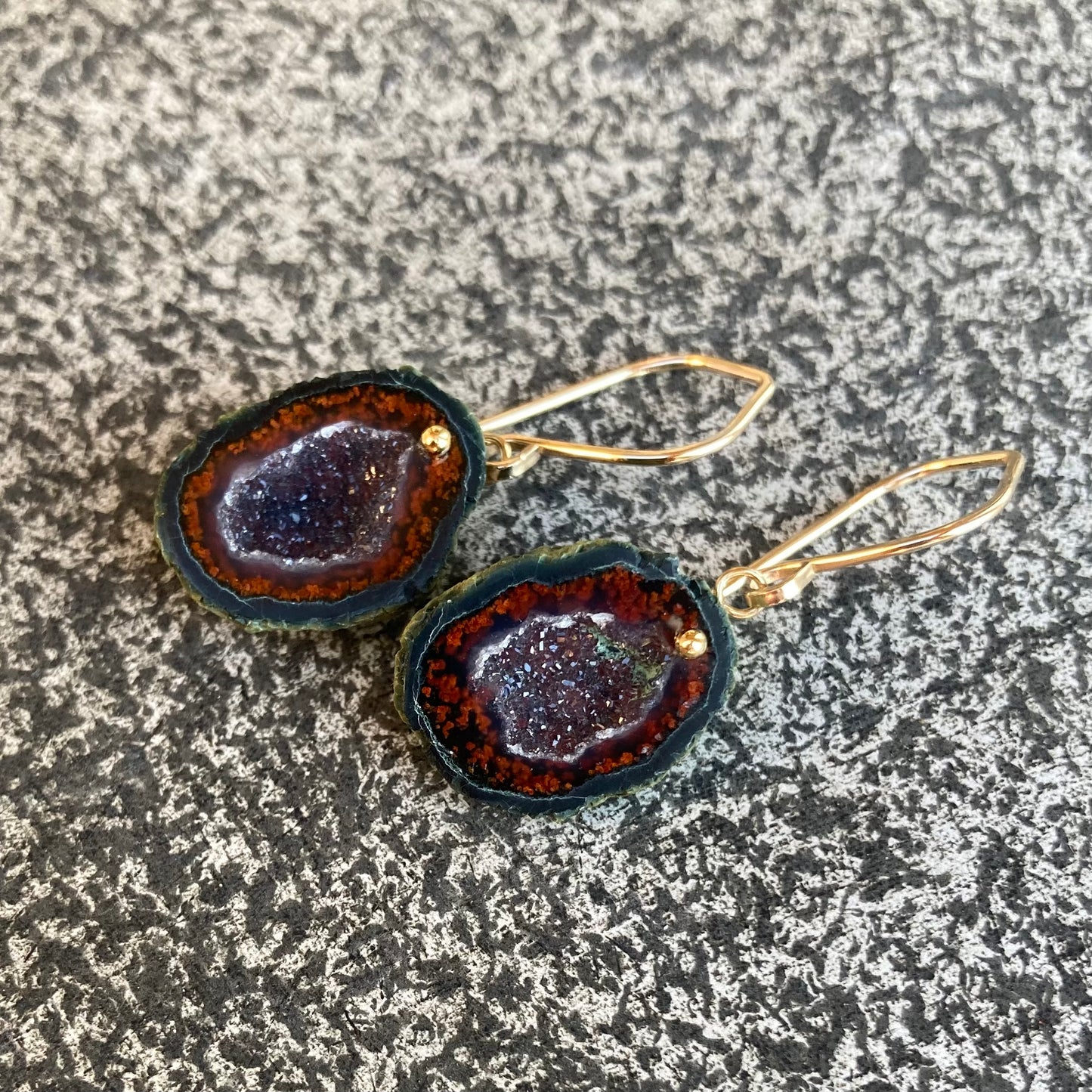 Red Druzy Tabasco Geode & Gold Earrings