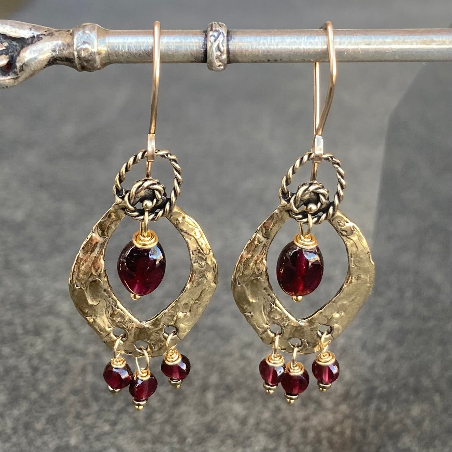 Rhodolite Garnet, Gold & Bronze Artisan Fringe Hoops