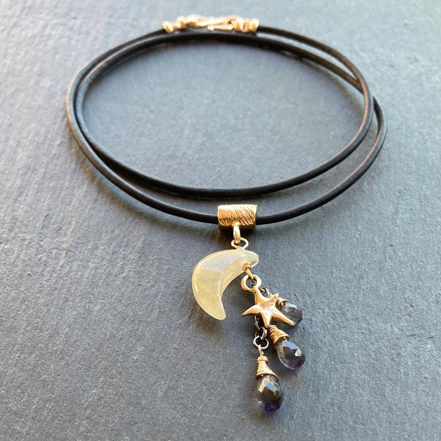 Golden Rutilated Quartz, Iolite & Mixed Metal Autumn Moon Leather Charm Choker