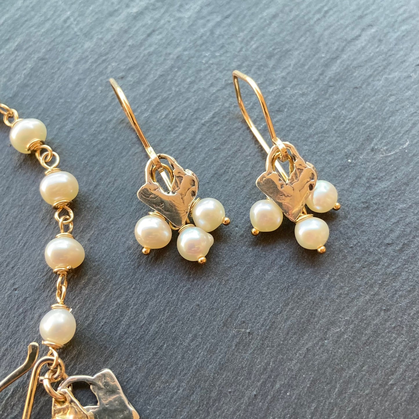 Freshwater Pearl, Gold & Sterling Silver Heart Earrings