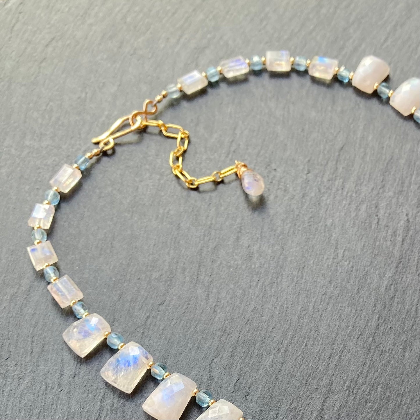 Rainbow Moonstone, Santa Maria Aquamarine & Gold Necklace