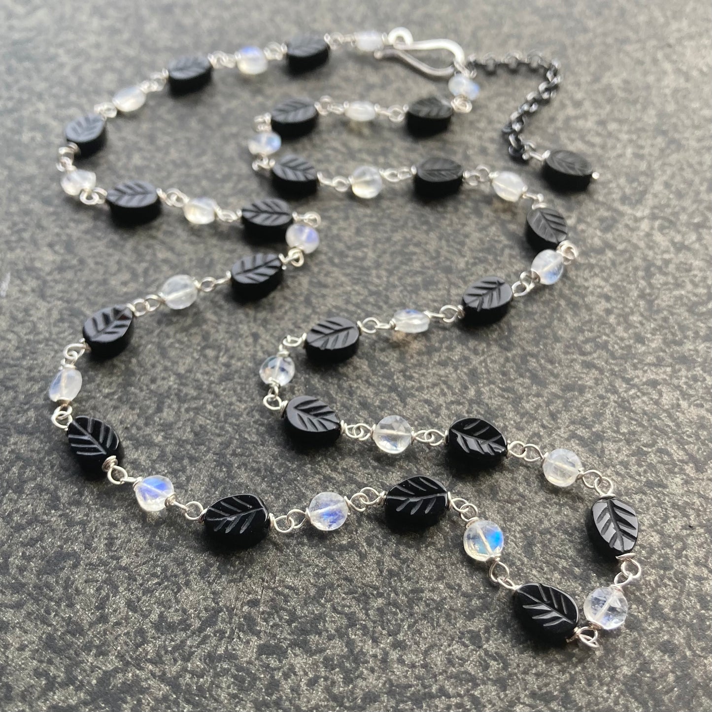 Rainbow Moonstone, Sterling Silver & Black Onyx Leaf Necklace