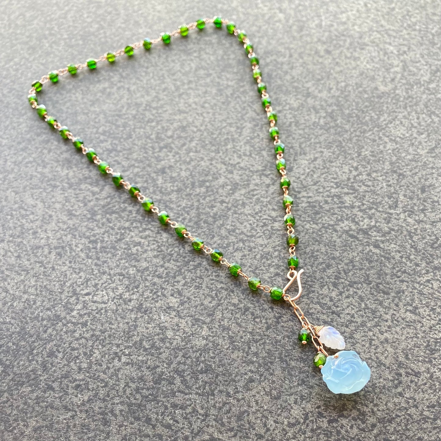 Aquamarine, Chrome Diopside & Rose Gold Lariat Necklace
