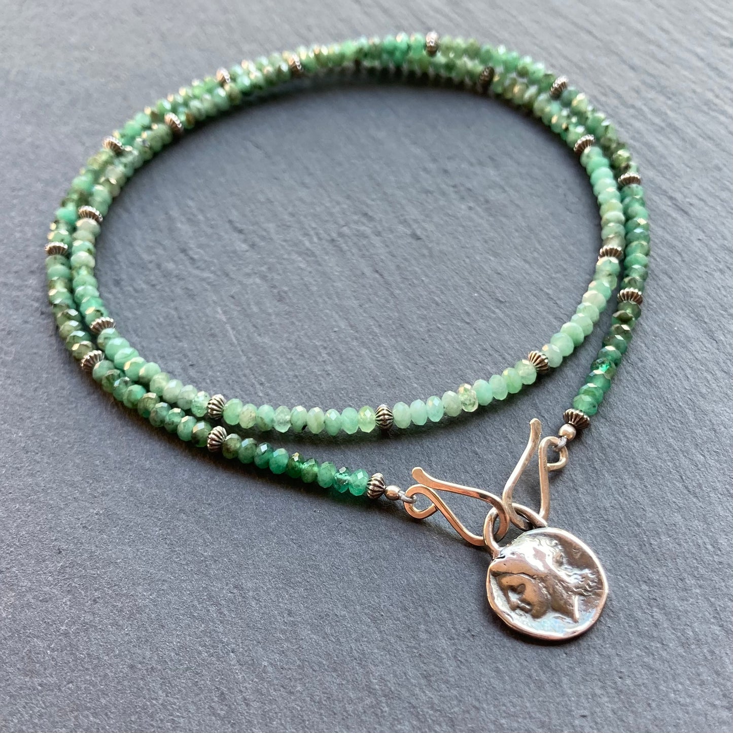 Natural Emerald & Sterling Silver Pegasus & Athena Coin Convertible Necklace