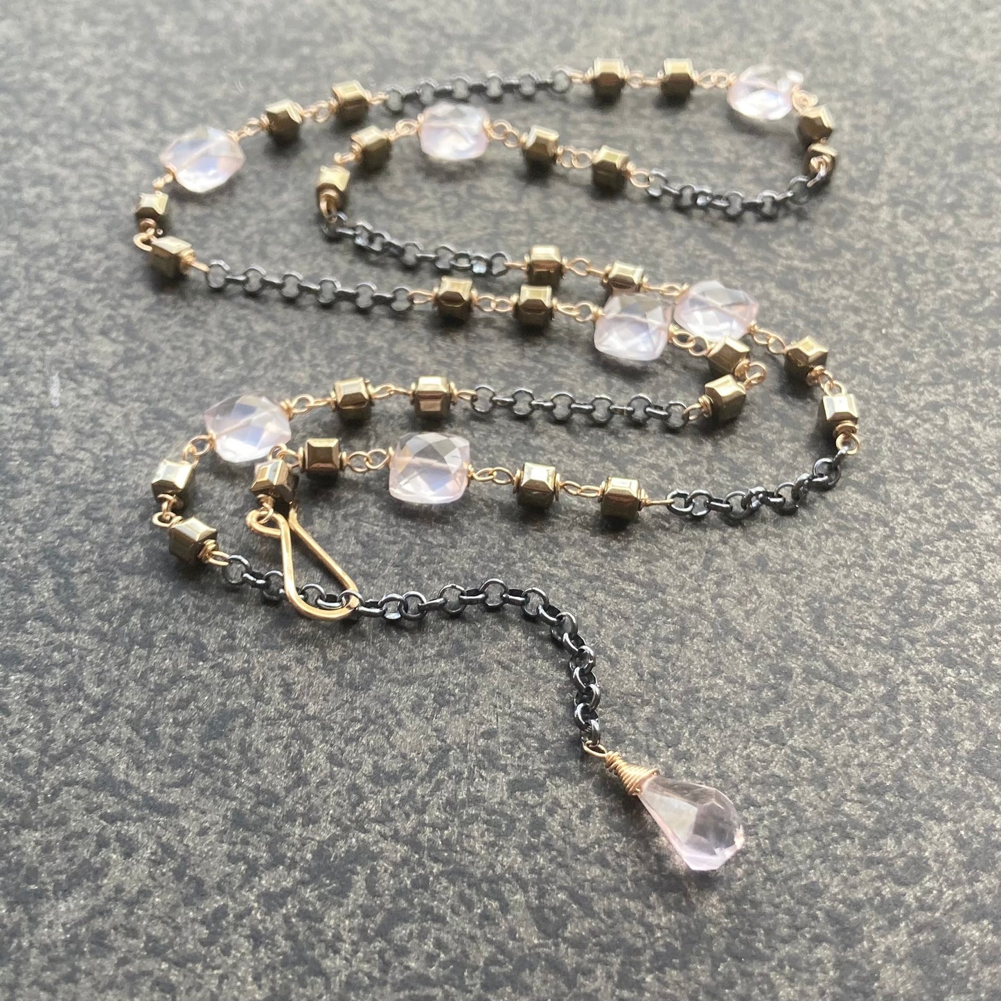 Rose Quartz, Pyrite & Mixed Metal Convertible Necklace