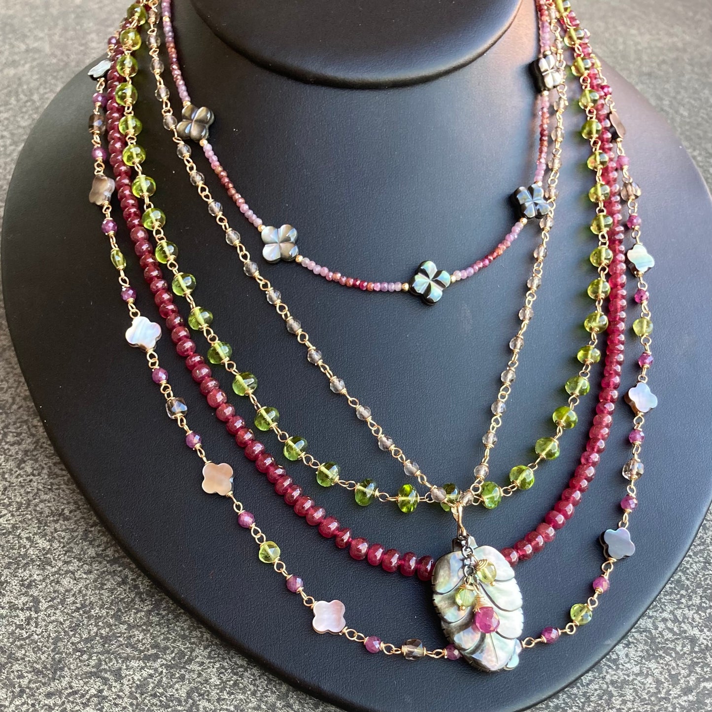 Black Mother of Pearl, Peridot, Ruby, Ice Obsidian & Mixed Metal Clover Necklace