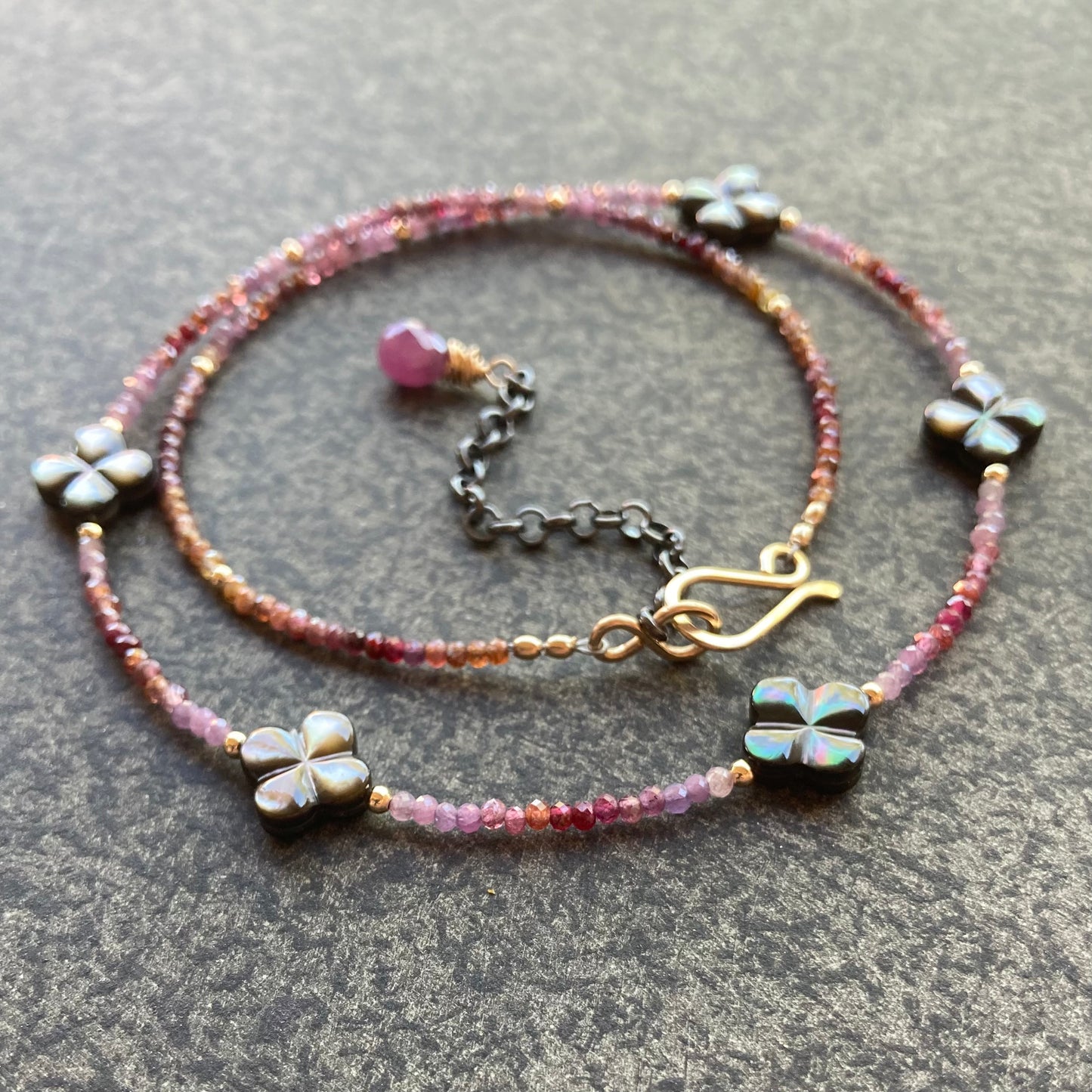 Black Mother of Pearl, Natural Ruby & Mixed Metal Clover Choker