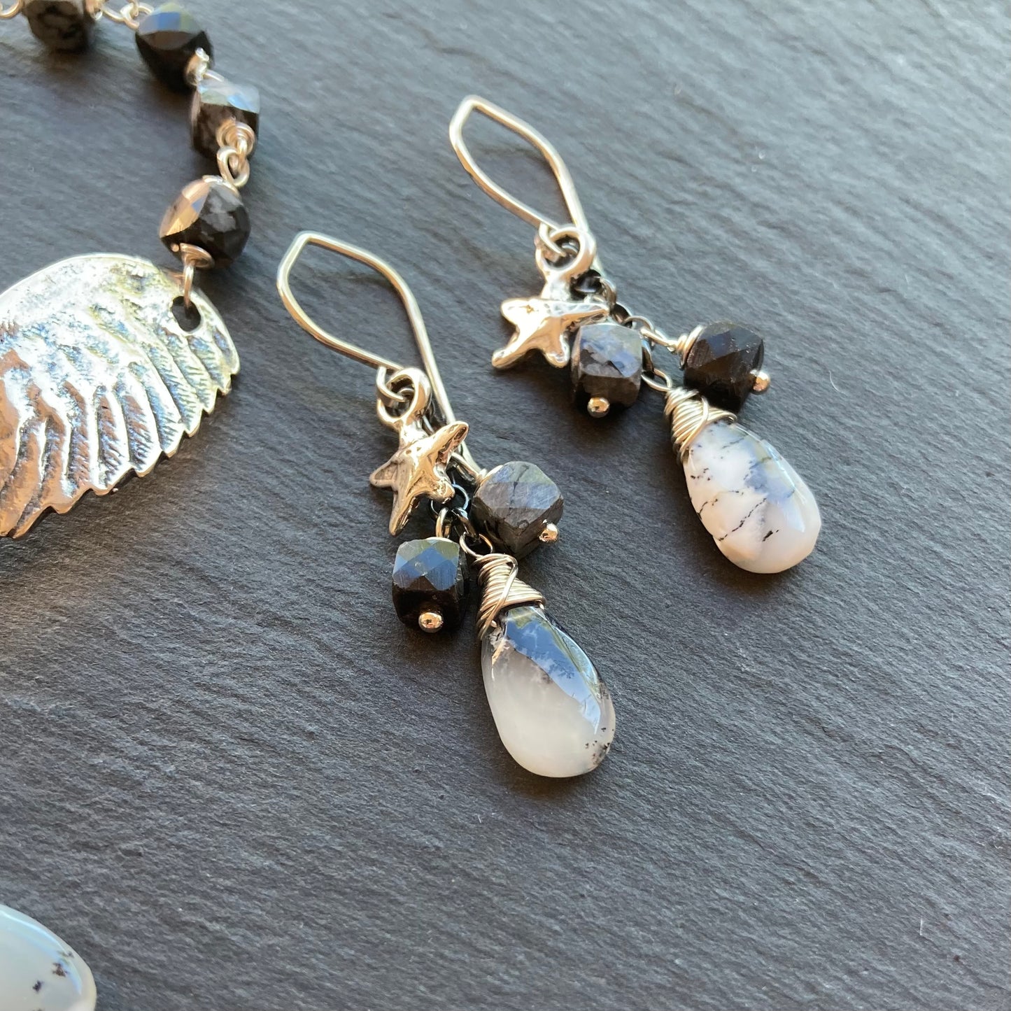 Snowflake Obsidian, Dendritic Opal & Sterling Silver Winged Goddess Bracelet