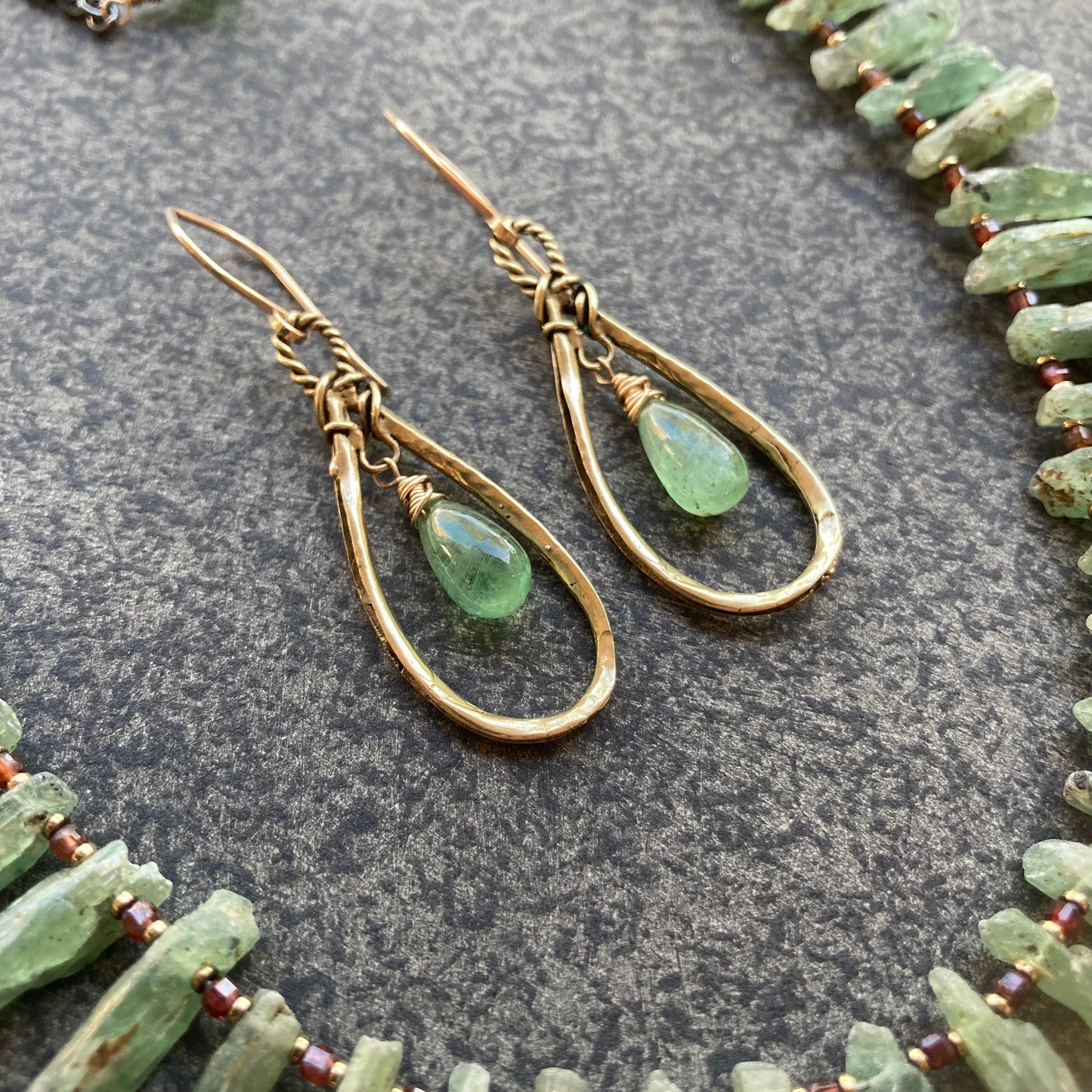 Green Kyanite, Gold & Bronze Teardrop Hoops