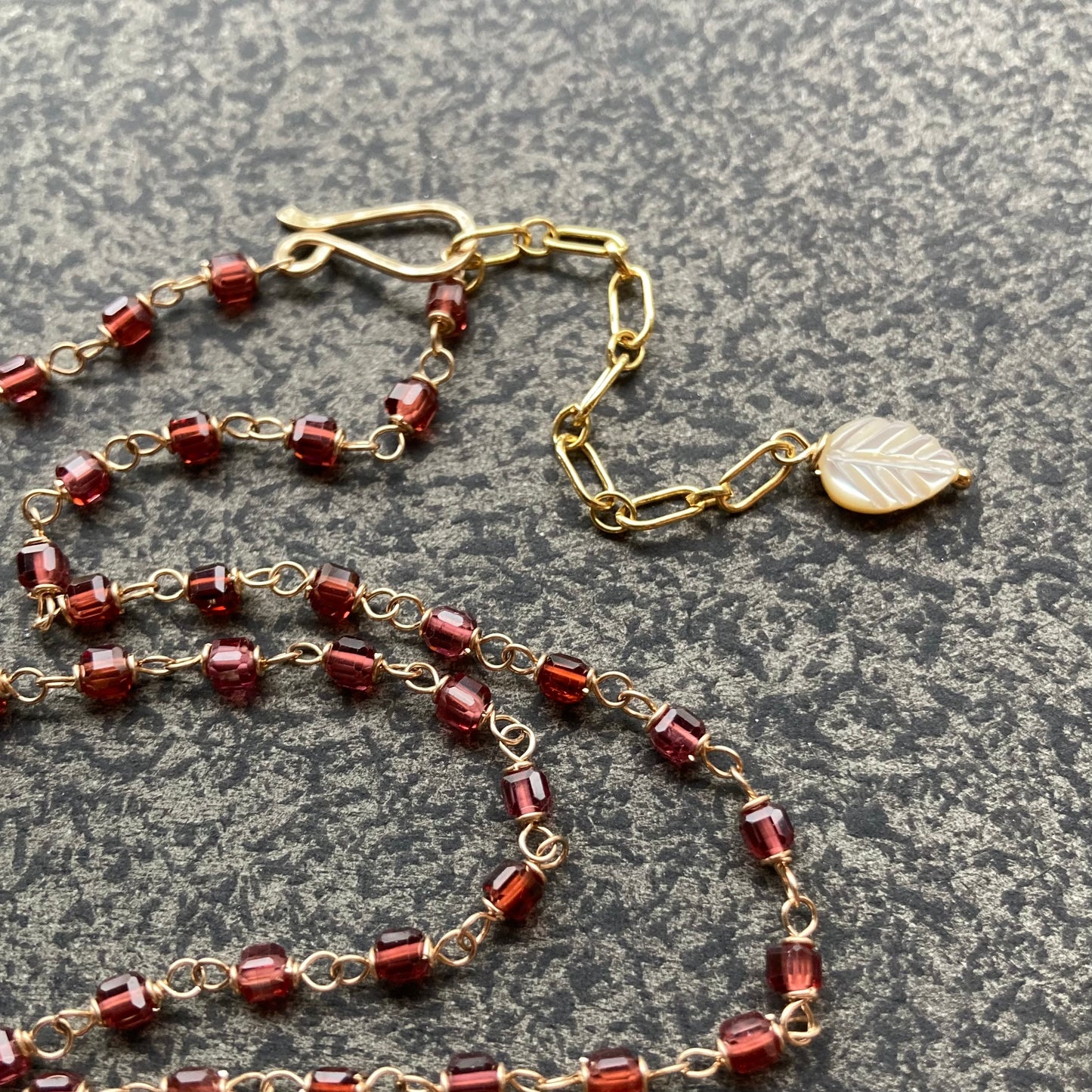 Malaya Garnet, Gold & Indian Agate Autumn Leaf Pendant Necklace