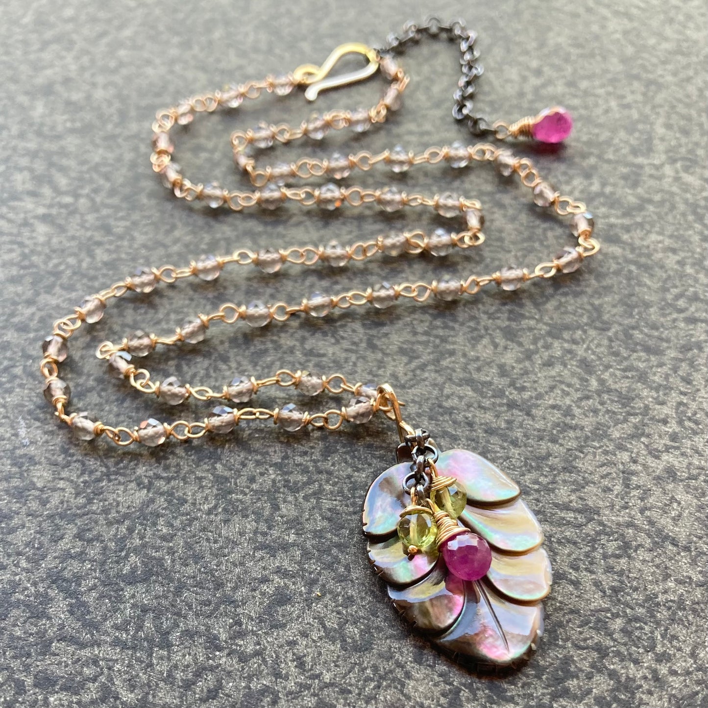 Black Mother of Pearl, Ice Obsidian & Mixed Metal Leaf Pendant Necklace