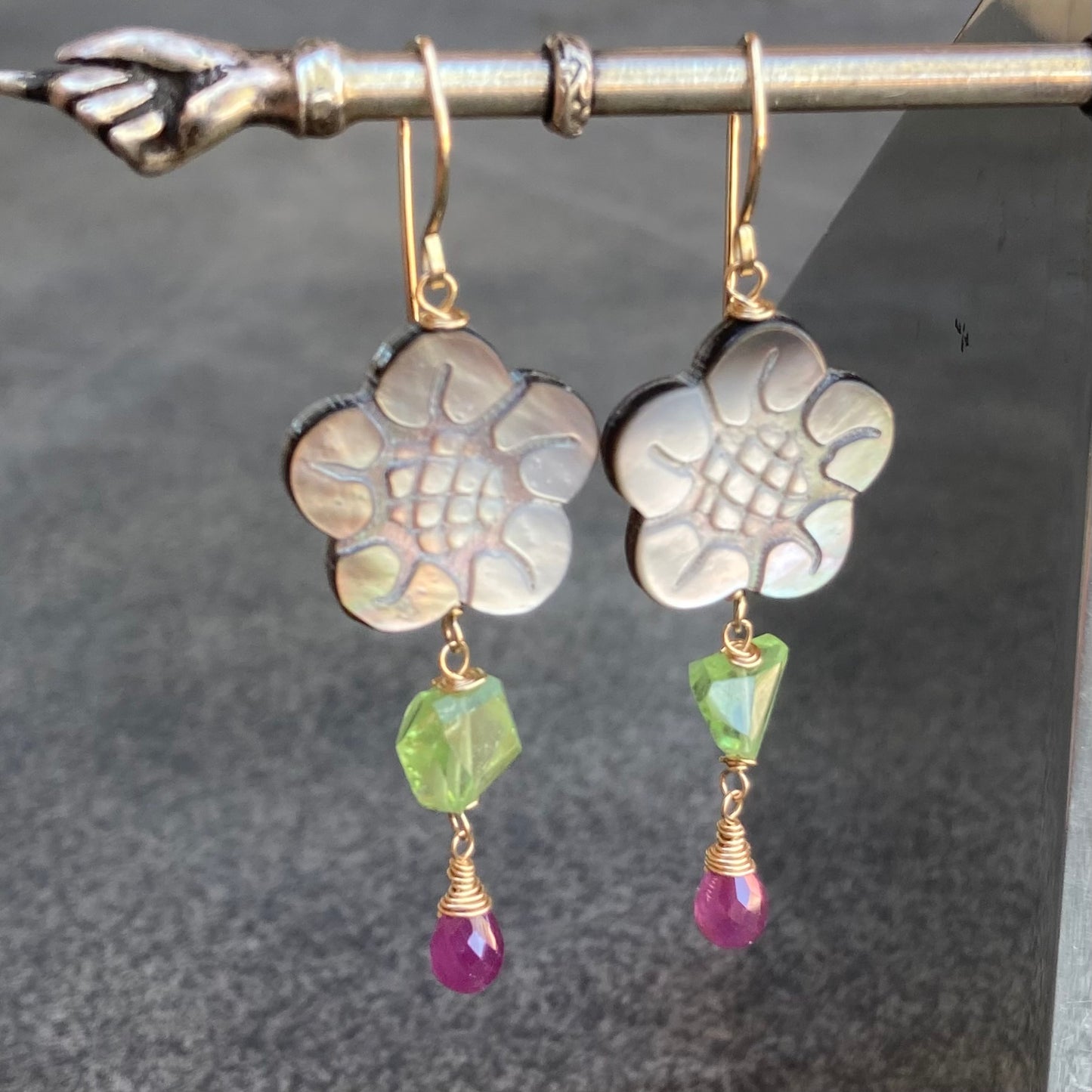 Black Mother of Pearl, Peridot, Ruby & Gold Cherry Blossom Earrings