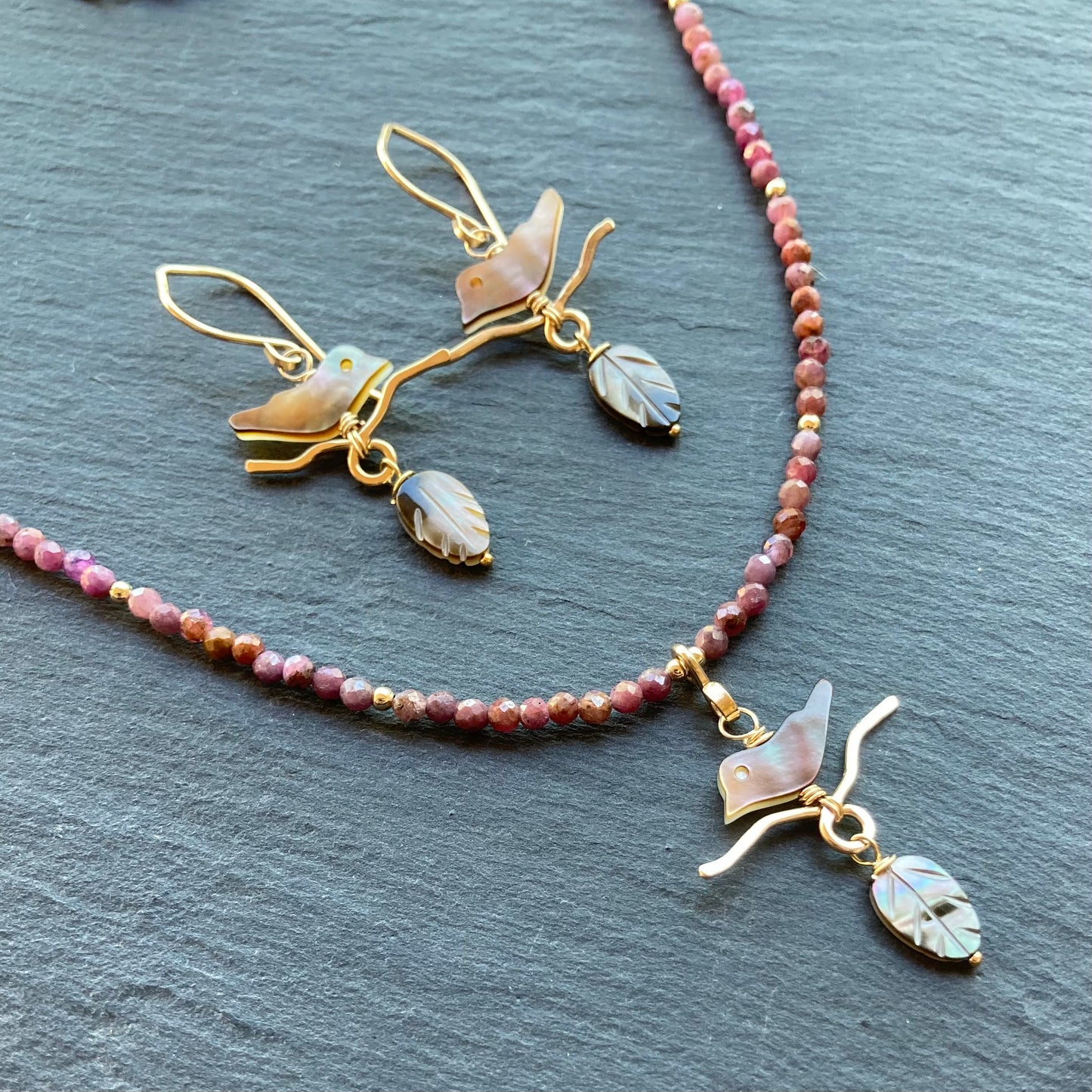 Black Mother of Pearl, Natural Ruby & Gold Autumn Branches Choker