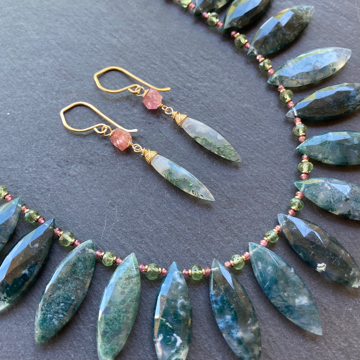 Moss Agate, Pink Tourmaline & Gold Marquis Earrings