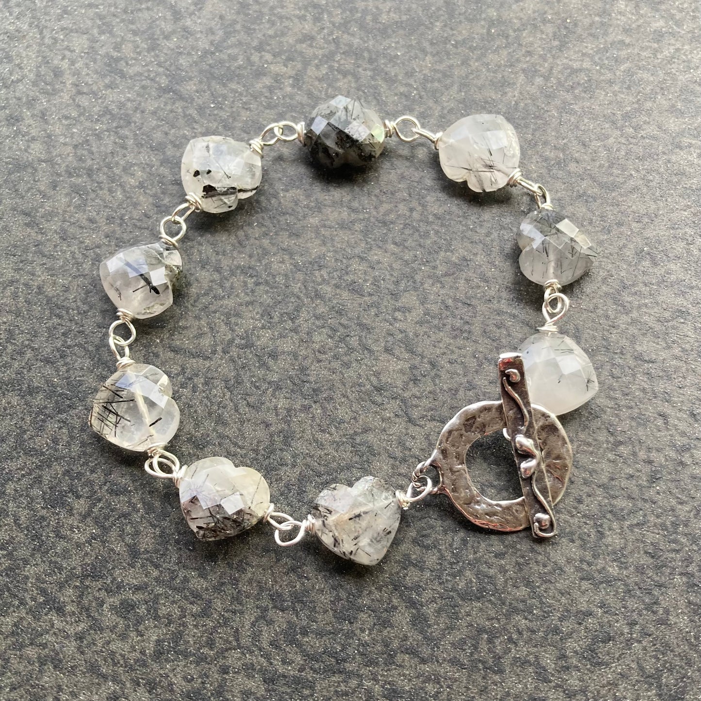 Black Rutilated Quartz & Sterling Silver Heart Bracelet