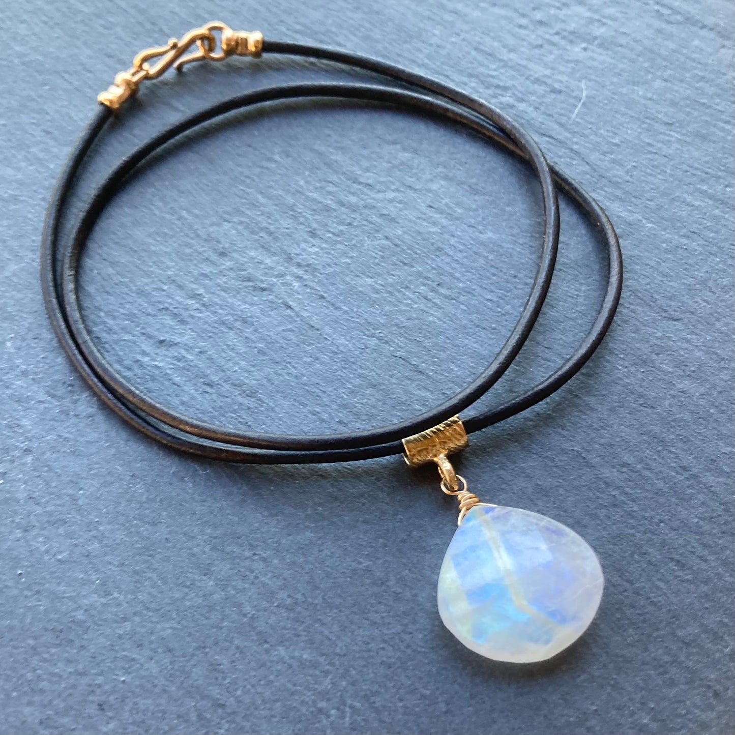 Rainbow Moonstone & Bronze Leather Choker