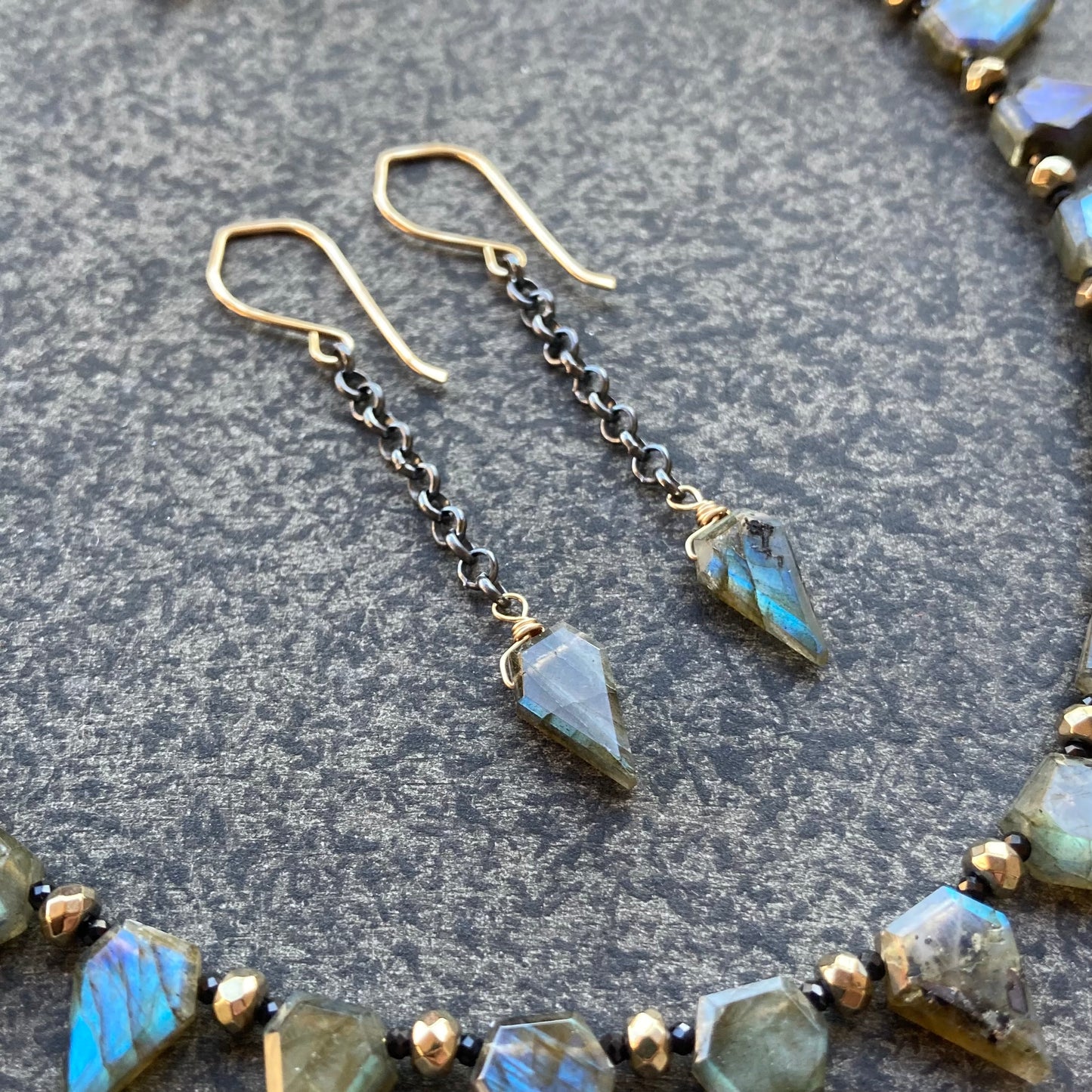 Labradorite & Mixed Metal Long Spike Earrings