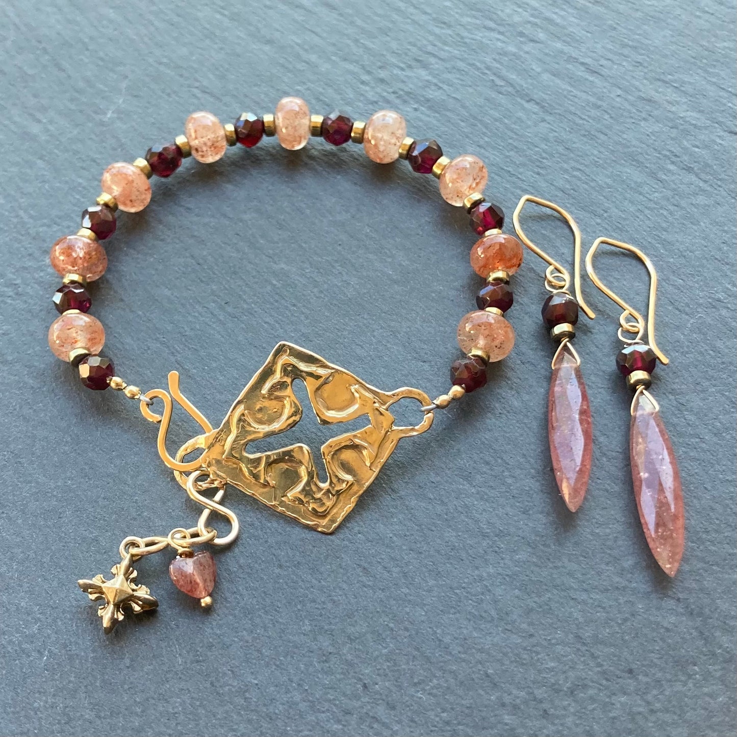 Strawberry Quartz, Rhodolite Garnet & Gold Earrings