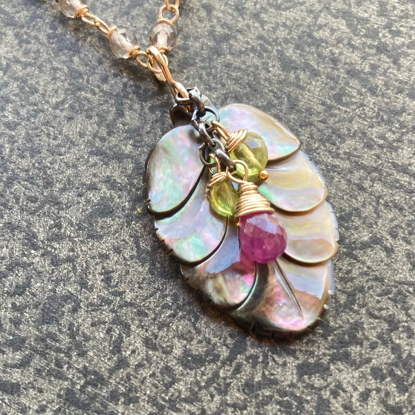 Black Mother of Pearl, Ice Obsidian & Mixed Metal Leaf Pendant Necklace