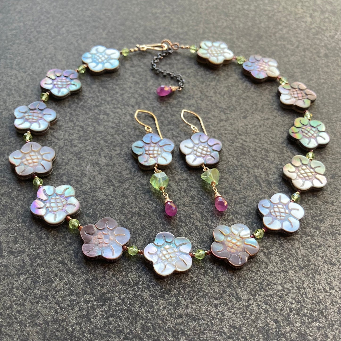 Black Mother of Pearl, Peridot, Ruby & Mixed Metal Cherry Blossom Collar