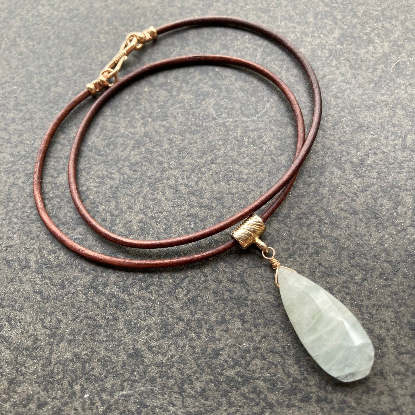 Milky Aquamarine & Bronze Leather Choker