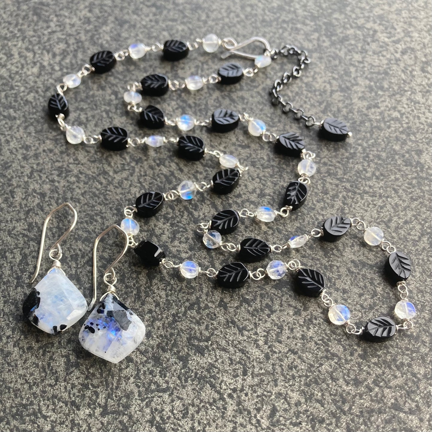 Rainbow Moonstone, Sterling Silver & Black Onyx Leaf Necklace
