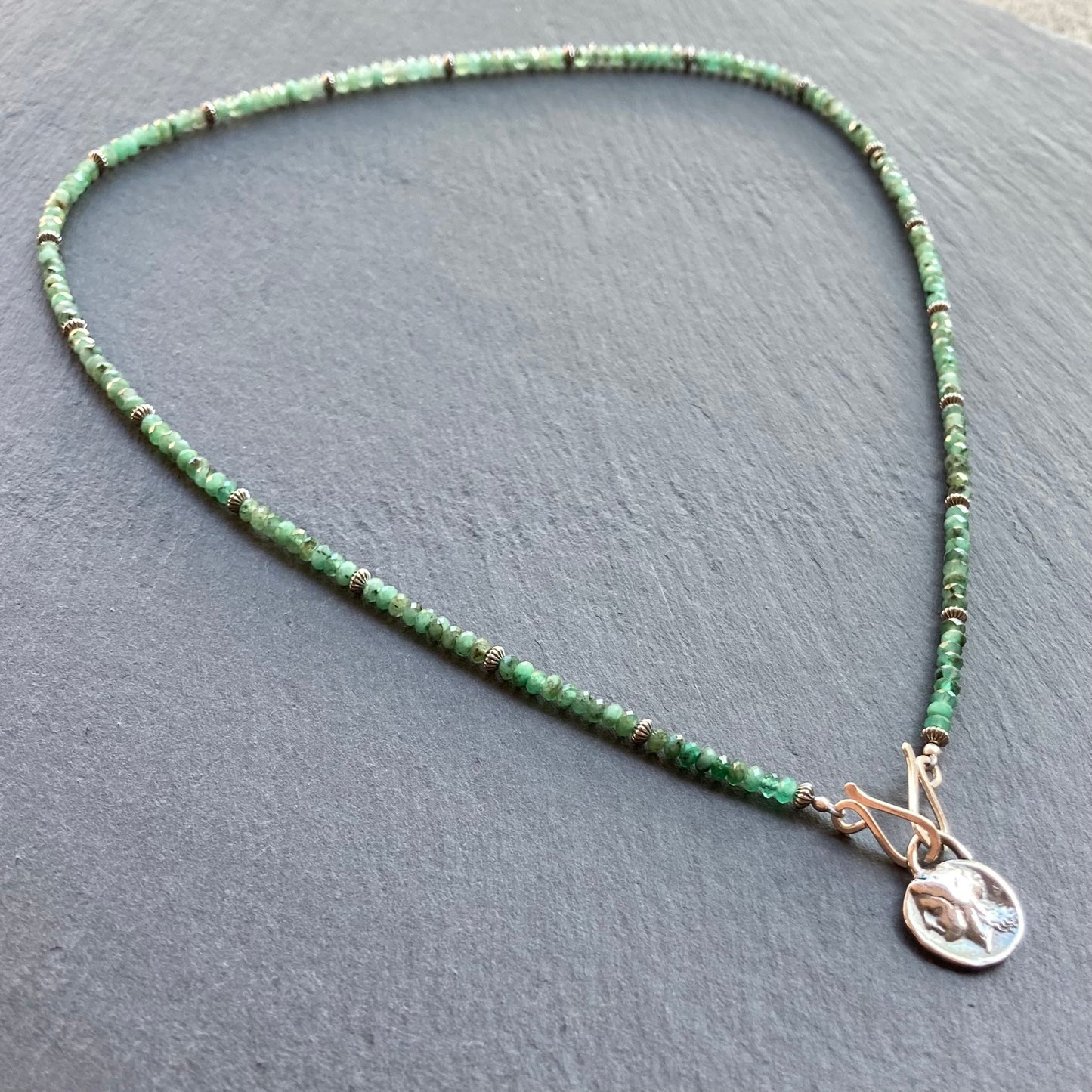 Natural Emerald & Sterling Silver Pegasus & Athena Coin Convertible Necklace