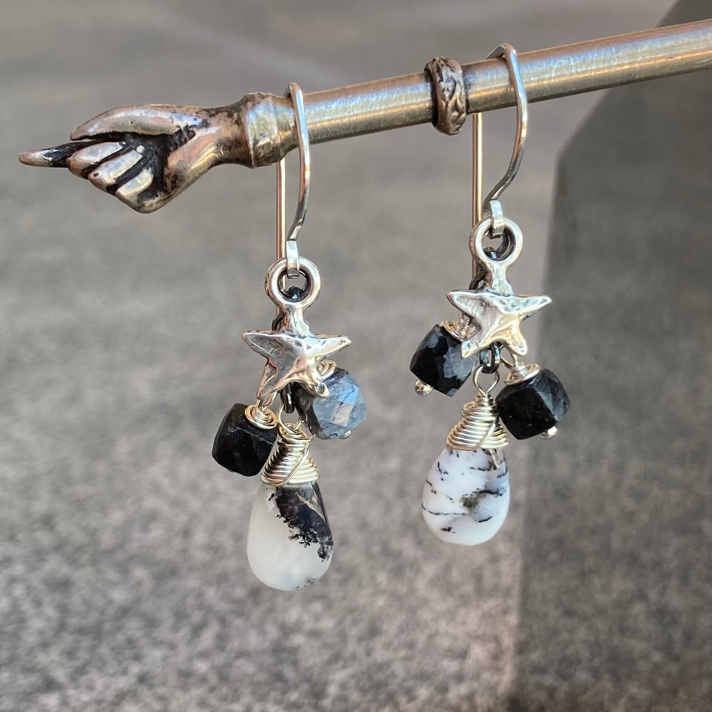 Dendritic Opal, Snowflake Obsidian & Sterling Silver Cascade Earrings