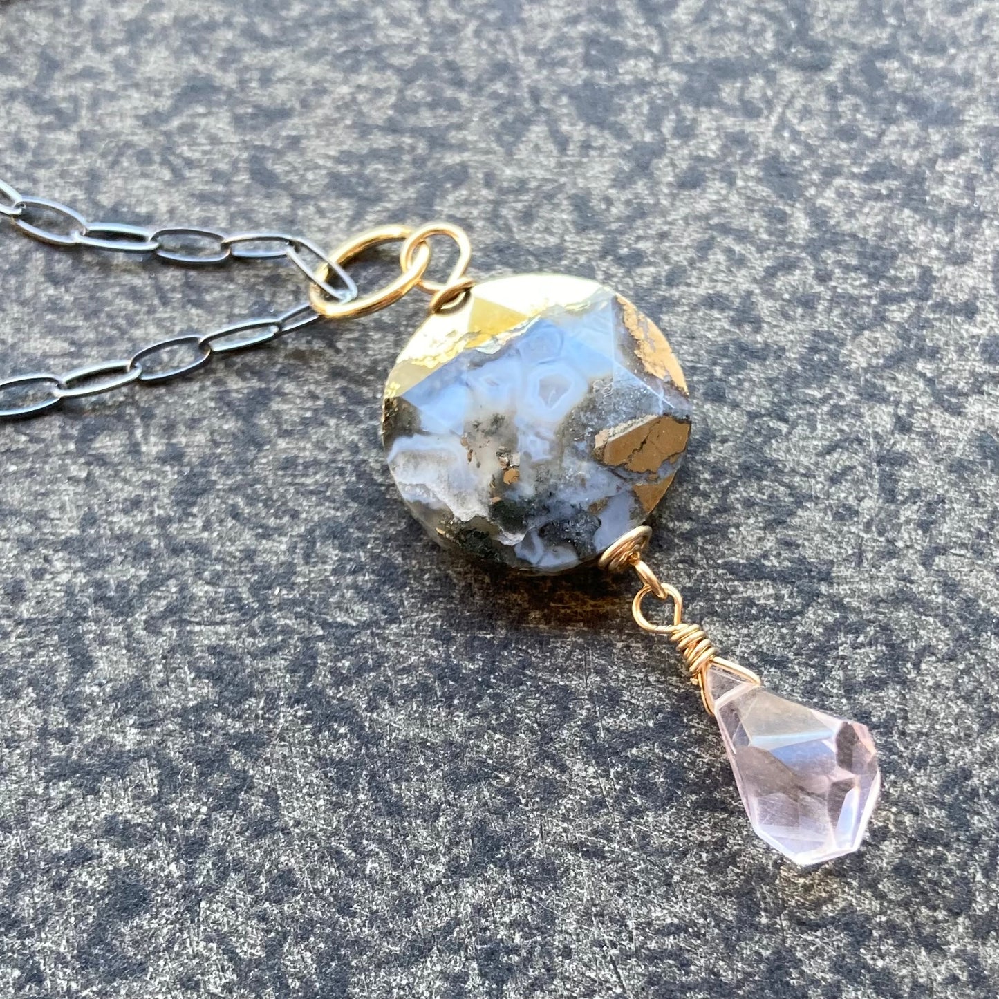 Nipomo Marcasite in Agate, Rose Quartz & Mixed Metal Pendant Necklace