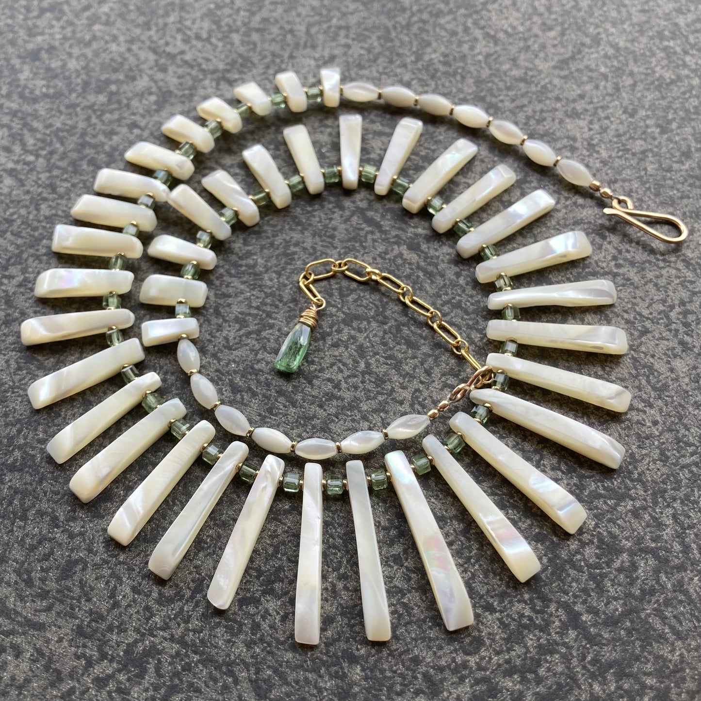 Vintage Mother of Pearl & Green Apatite Fan Necklace