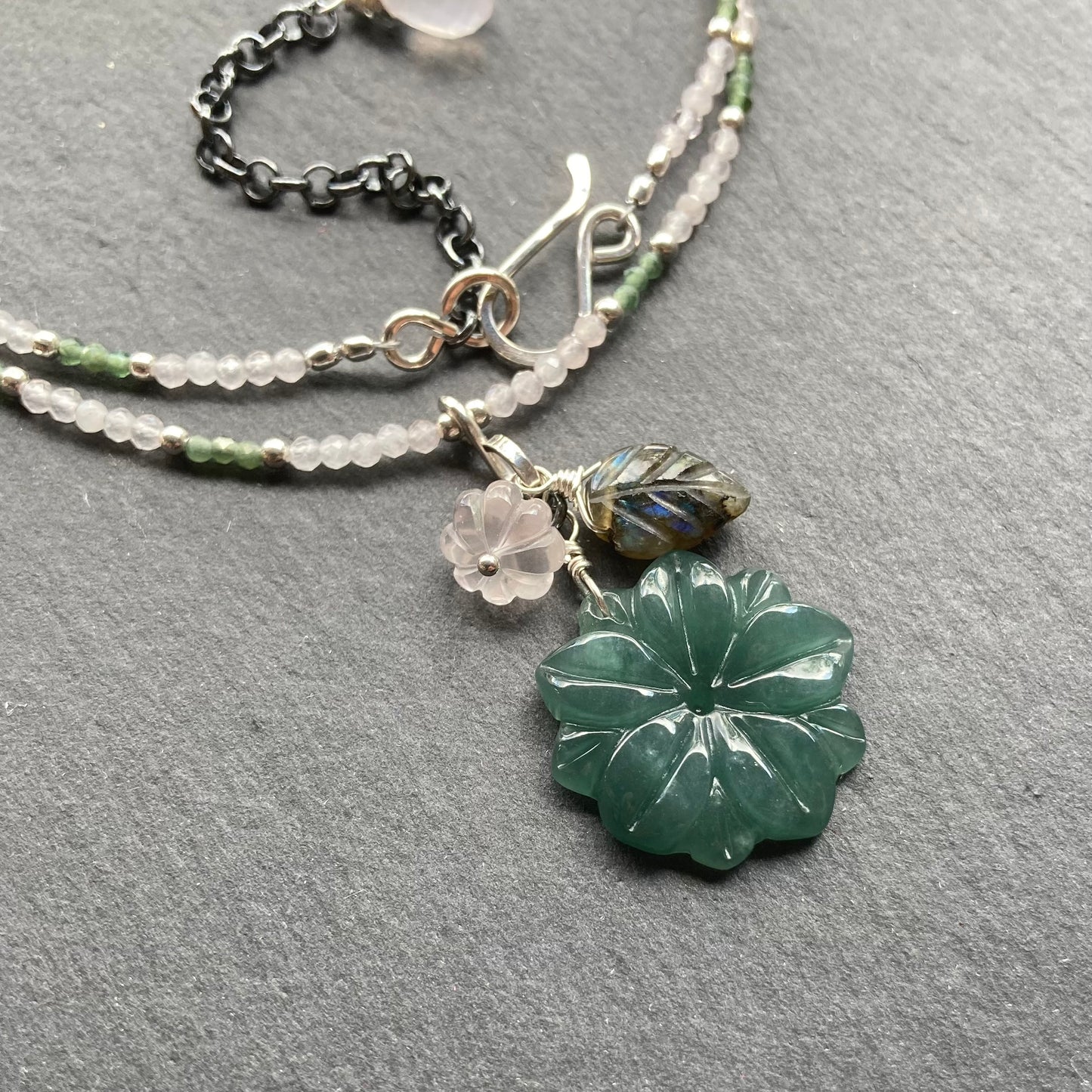 Rose Quartz, Sterling Silver & Guatemalan Jade Winter Succulent Necklace