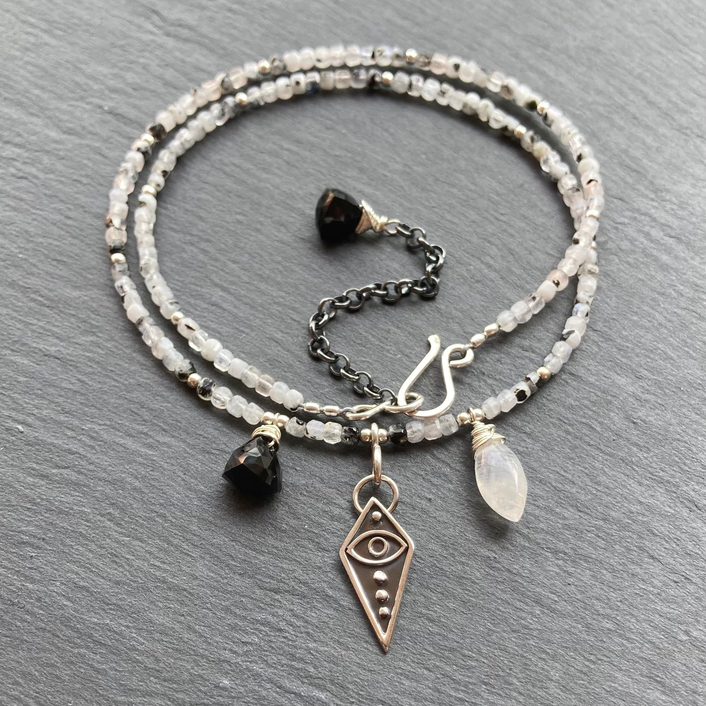 Tourmalinated Rainbow Moonstone & Sterling Silver All Seeing Eye Pendant Choker