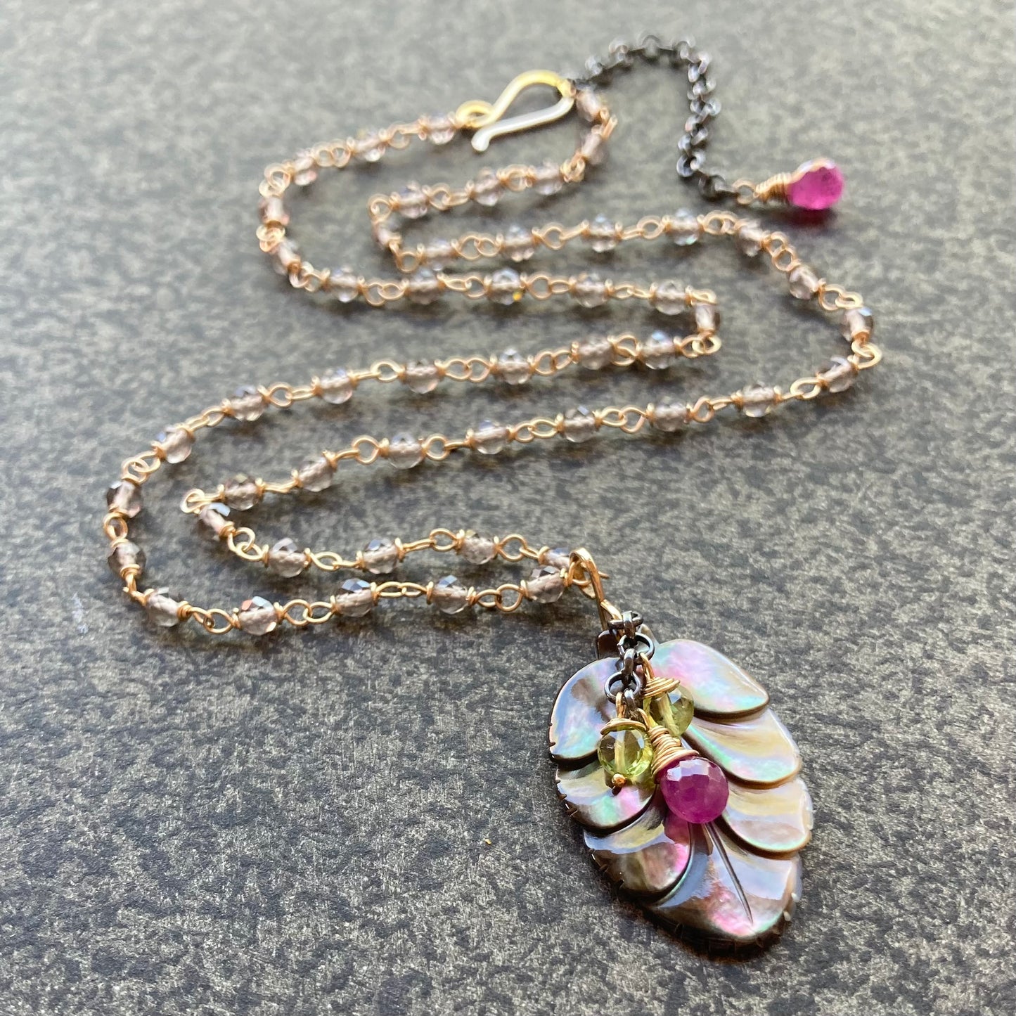 Black Mother of Pearl, Ice Obsidian & Mixed Metal Leaf Pendant Necklace