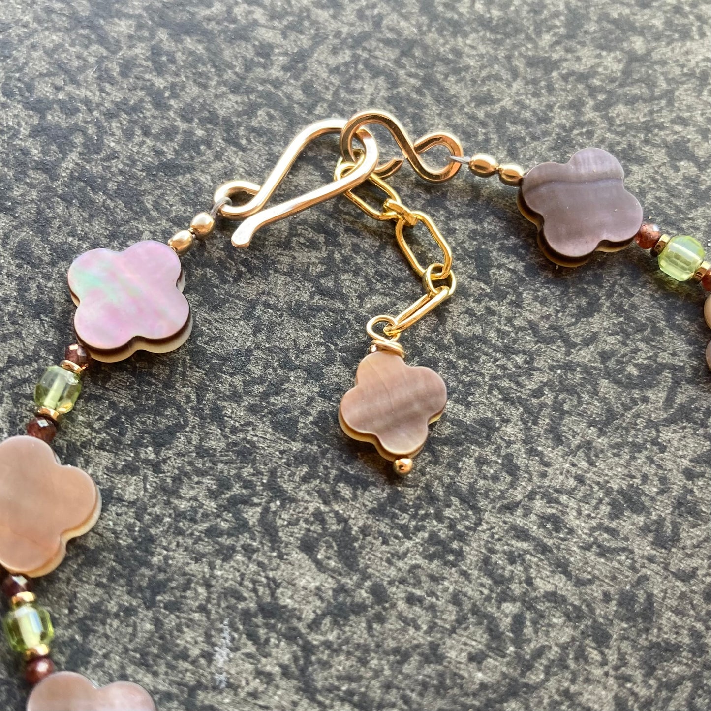 Black Mother of Pearl, Peridot, Ruby & Gold Clover Bracelet