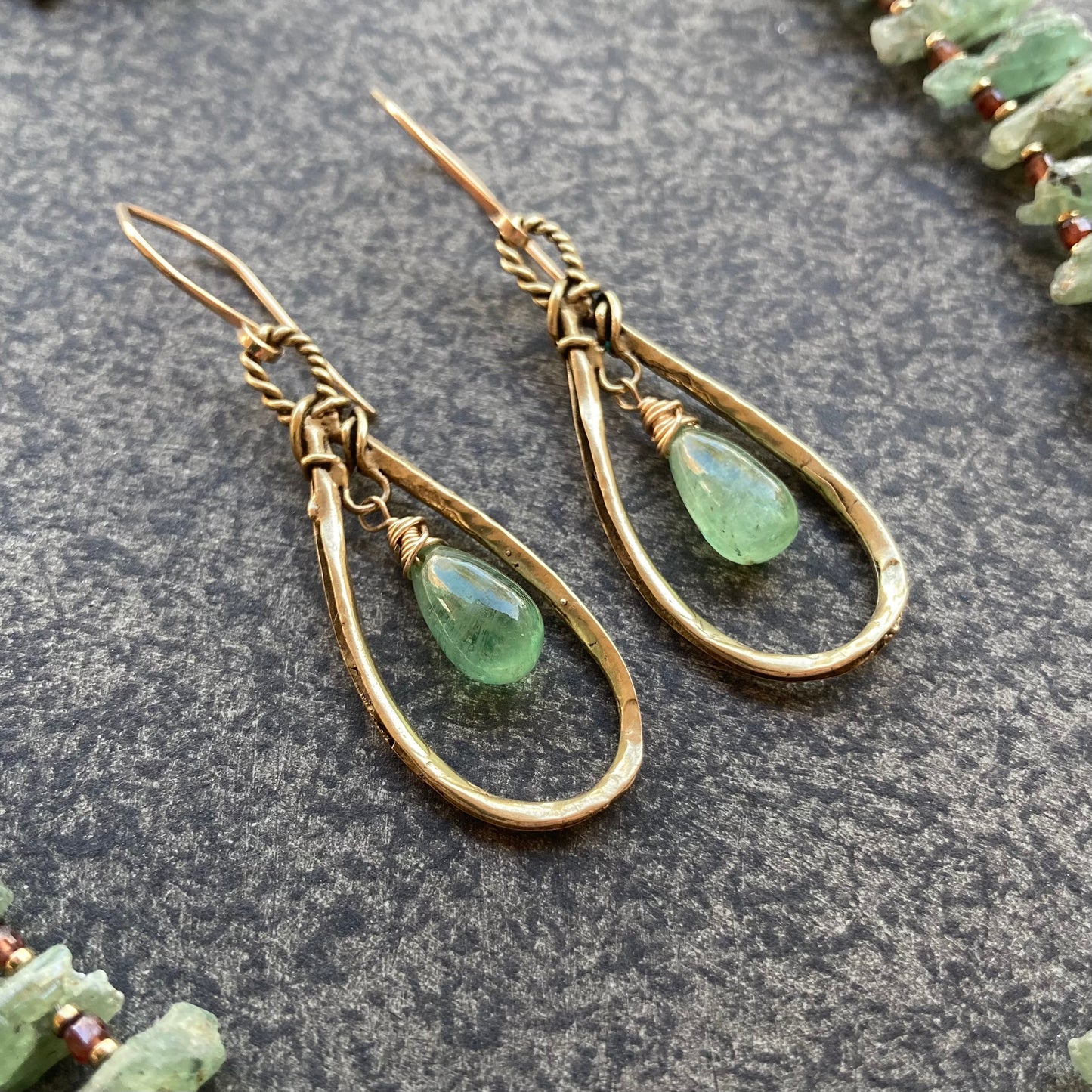 Green Kyanite, Gold & Bronze Teardrop Hoops