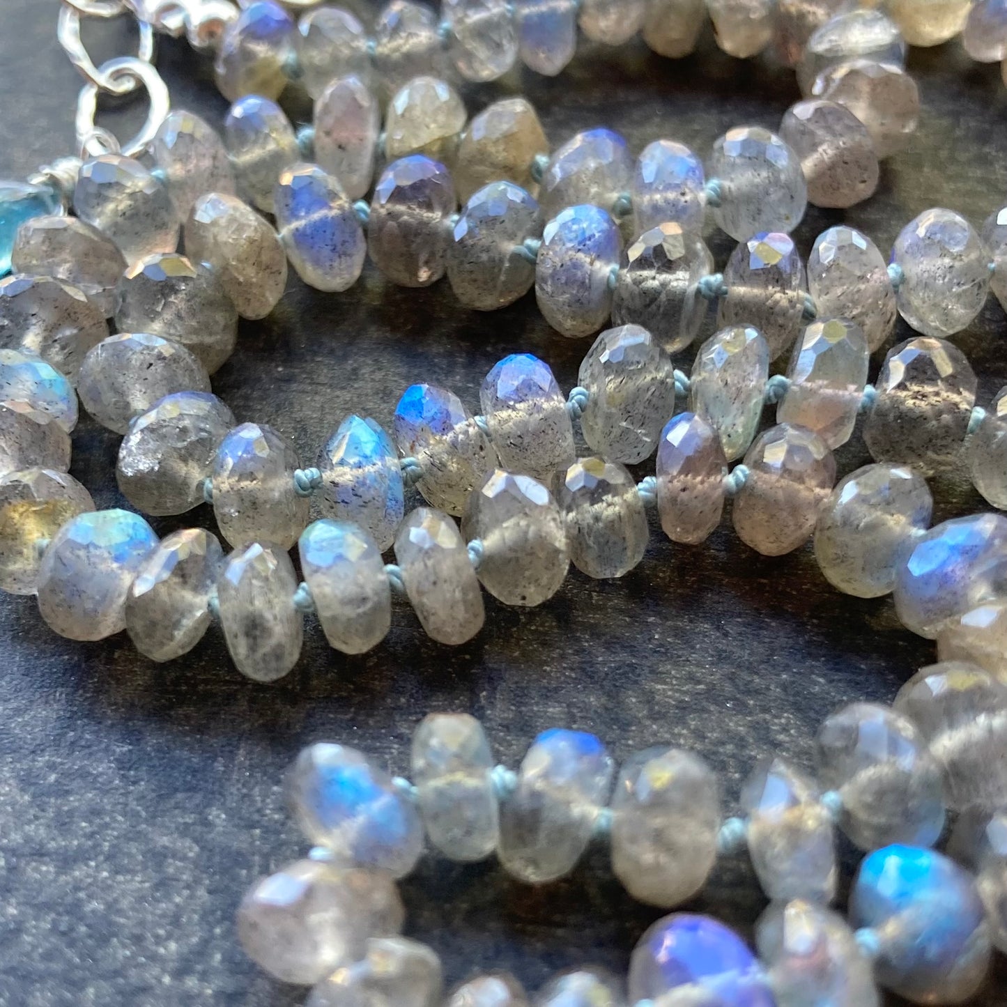 Labradorite Hand Knotted Aqua Silk Choker