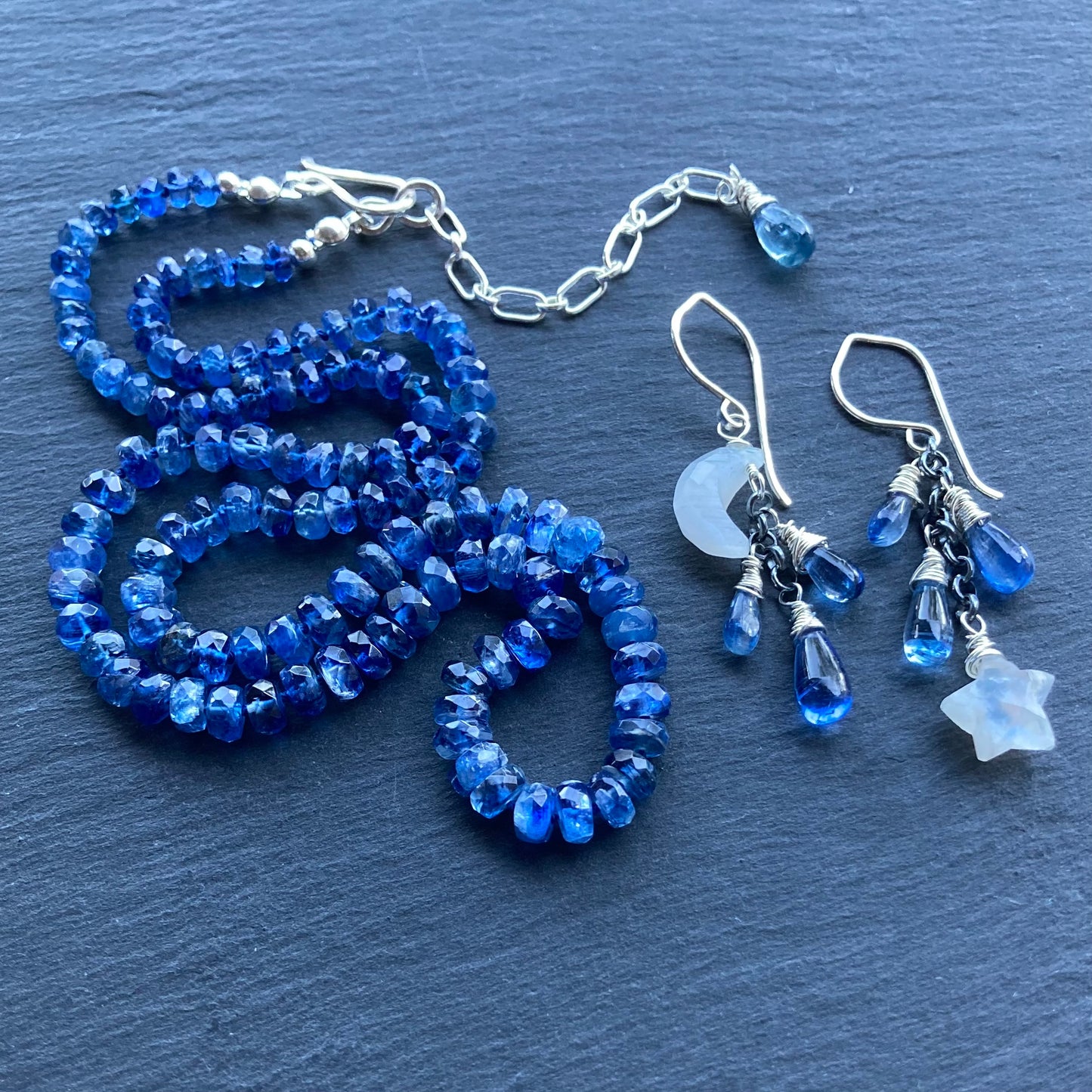 Rainbow Moonstone, Blue Kyanite & Sterling Silver Winter Solstice Earrings
