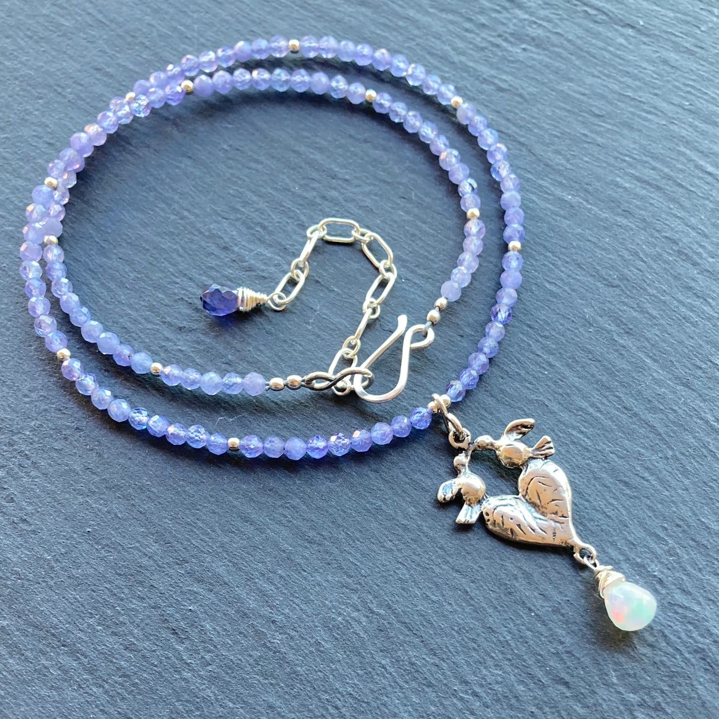 Tanzanite, Ethiopian Opal & Sterling Silver Love Birds Pendant Choker