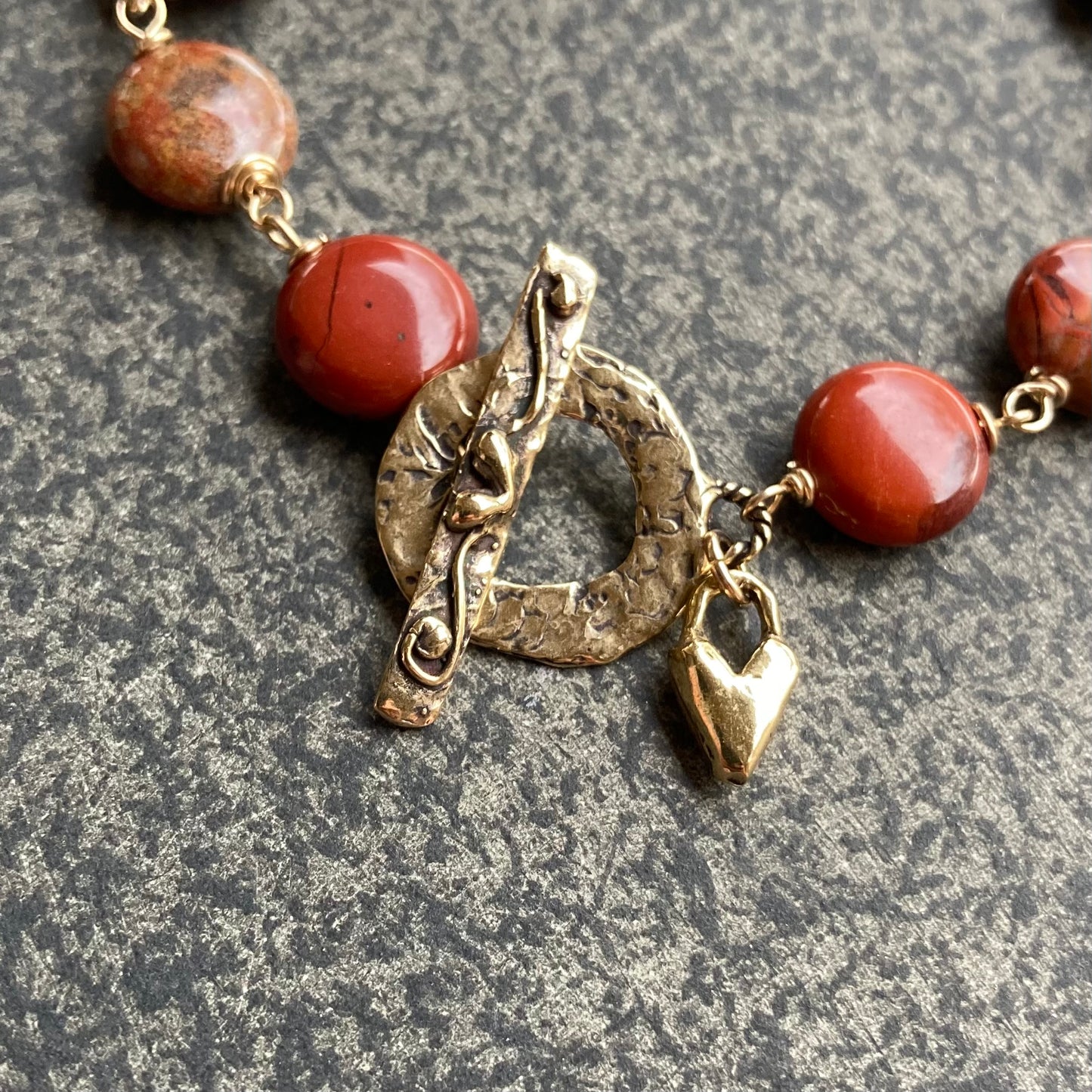 Apple Jasper, Gold & Bronze Heart Toggle Bracelet