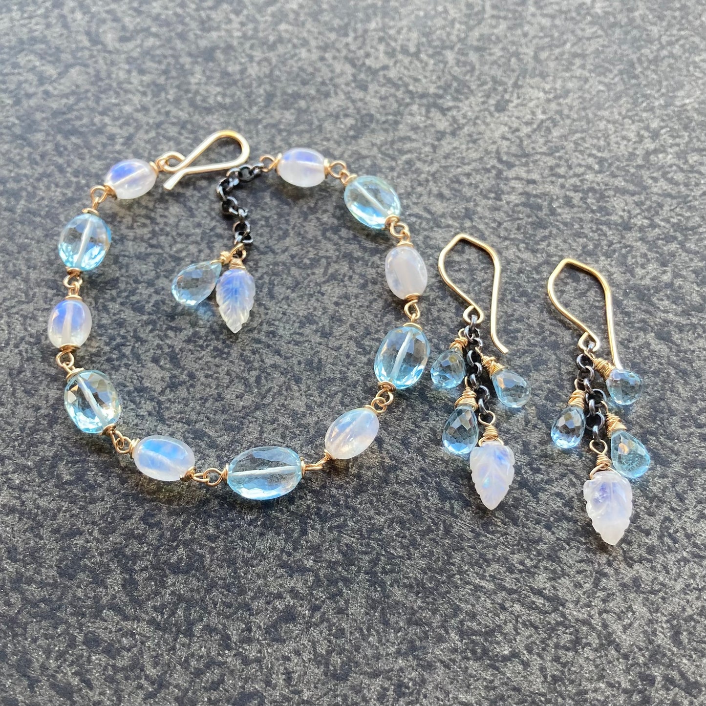 Blue Topaz, Rainbow Moonstone & Mixed Metal Bracelet