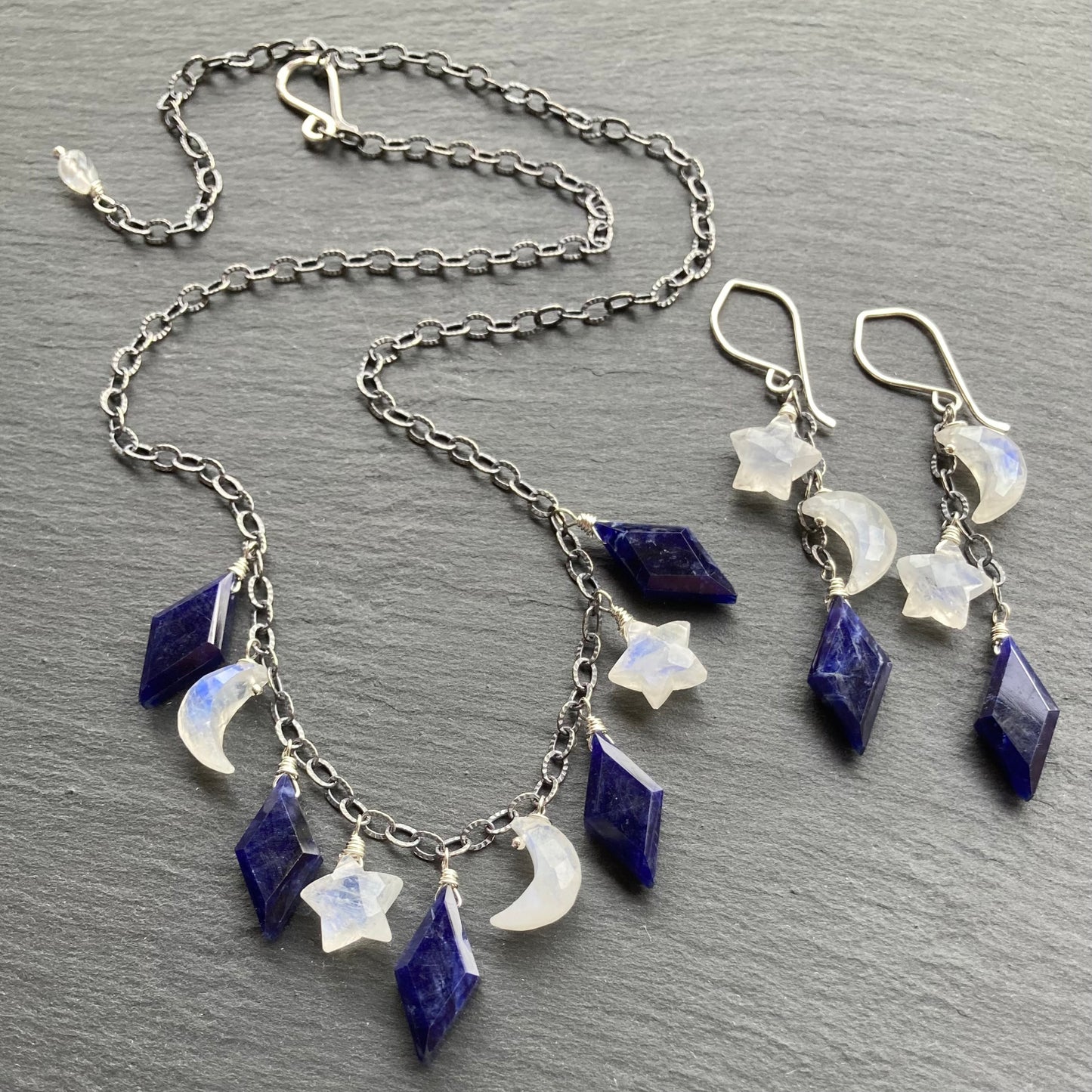 Rainbow Moonstone, Sodalite & Sterling Silver Alternate Universe Charm Choker