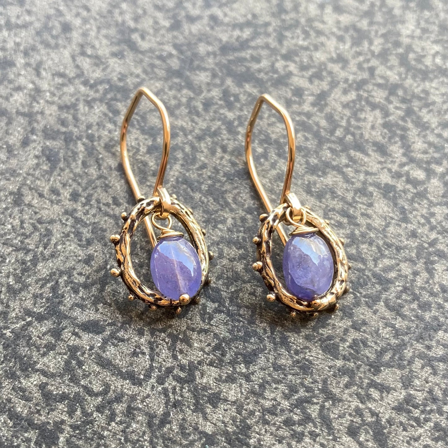 Tanzanite, Gold & Bronze Granulated Hoops